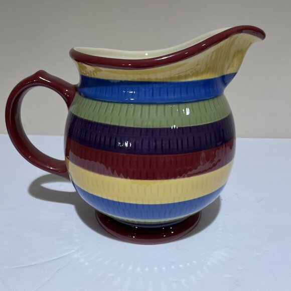 Longaberger Hand Painted Striped Pitcher Bright Multi Color Stripe Large 2 Quart - Picture 7 of 13